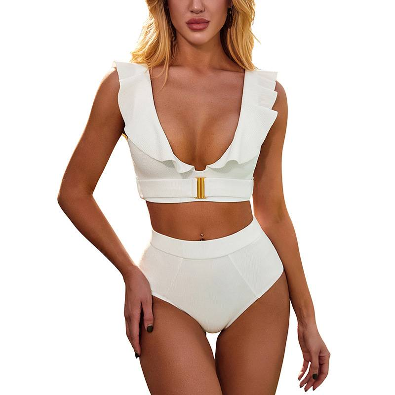 V-hals bikiniset voor dames met metalen gespen en ruches - triangelbikinibroekje met hoge taille en push-uptop - witte badkleding voor strand en zwembad_voghion.com