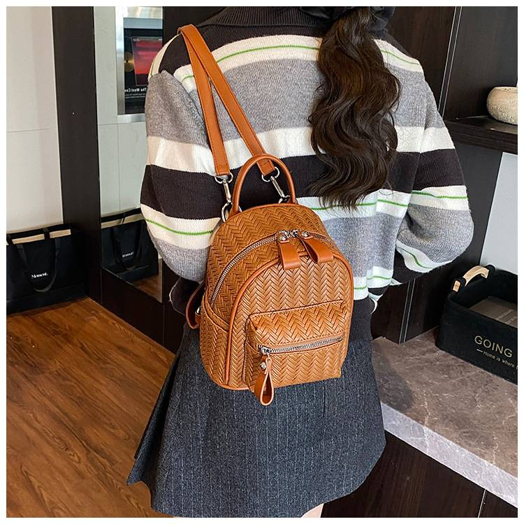 Casual Personalized Backpack With Woven Pattern And Double Zippers, Handbag With Dual Shoulder Straps_voghion.com