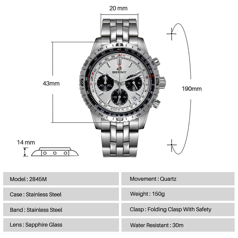 BERNY Silver Chronograph Watches For Men Multifunction Quartz Watch With Tachymeter Date Stainless Steel Waterproof Luminous Sapphire Wristwatch_voghion.com
