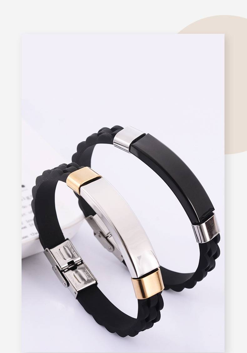 Edgy Punk Titanium Steel Bracelet For Men & Women - Custom Engraved Couples Bangle With Silicone Lining - Unisex Gothic Geometric Wave Design_voghion.com