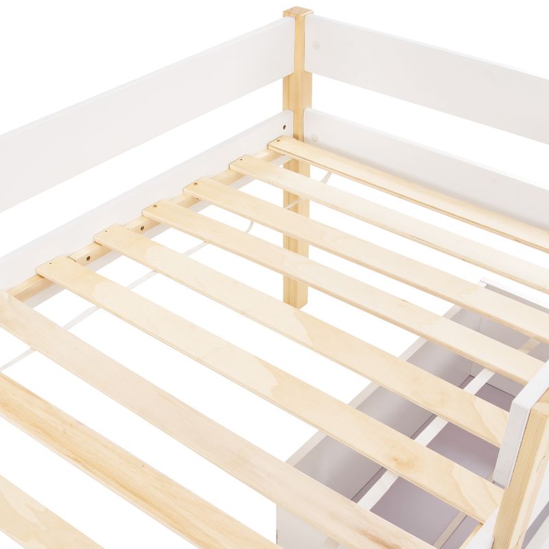 Lit enfant avec tiroir et barrières de sécurité, pin massif 90 x 190 cm, blanc et chêne_voghion.com