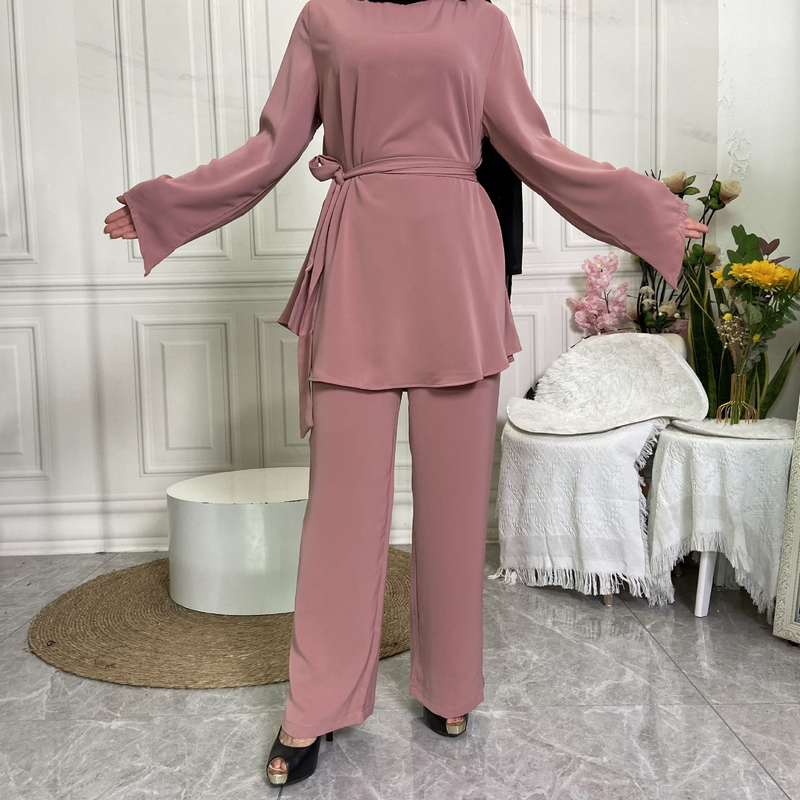 Abito musulmano da donna moda plus size semplice abito con lacci pantaloni a gamba larga_voghion.com