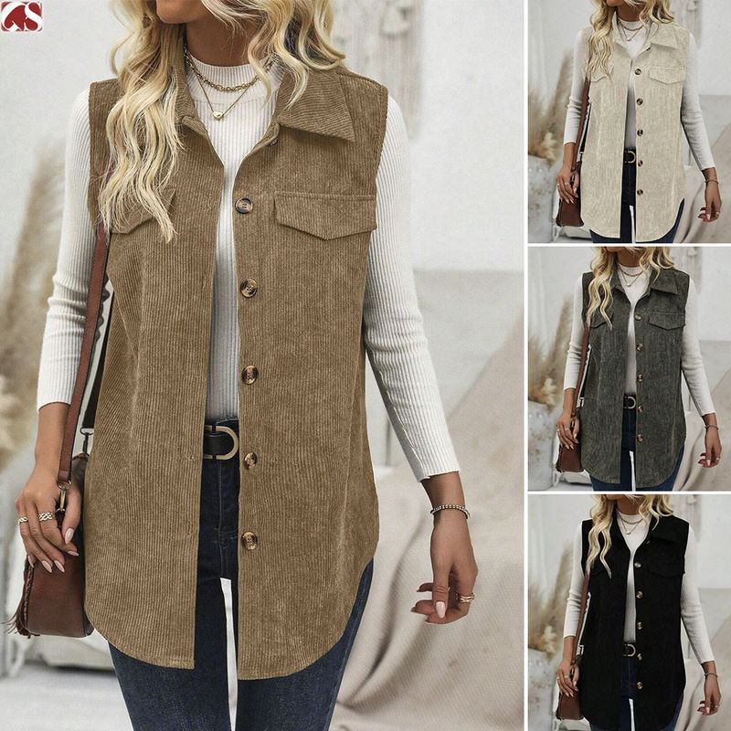 Gilet spolverino in velluto a coste da donna – Giacca lunga con bottoni e colletto a revers, cardigan casual da ufficio color cammello, capo essenziale per un look a strati in poliestere_voghion.com