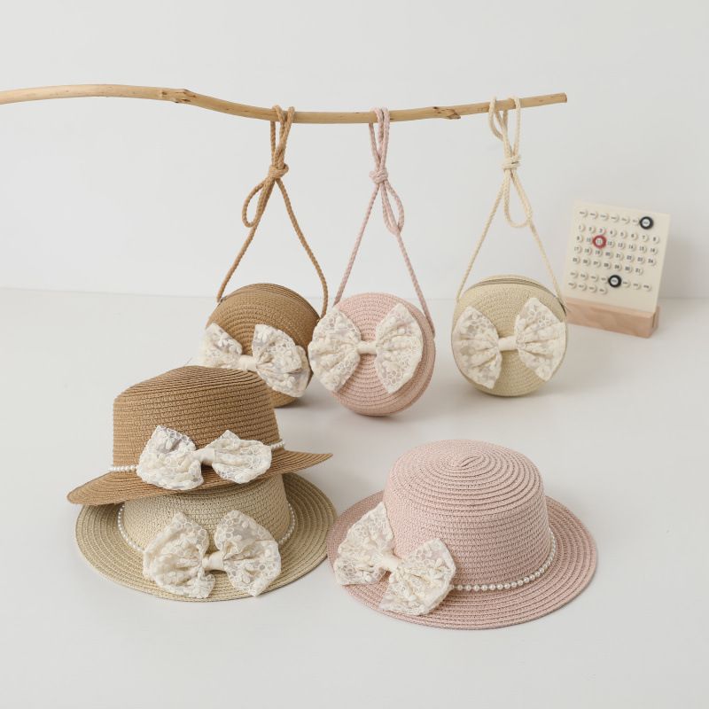 Nei Arrivée 2 Stéck/Set Kleng Meedercher Summer Handgewebt Hutt A Schëller Crossbody Tasch Kanner Puppelchen Prinzessin Schleif Strand Stréi Sonnekapp_voghion.com