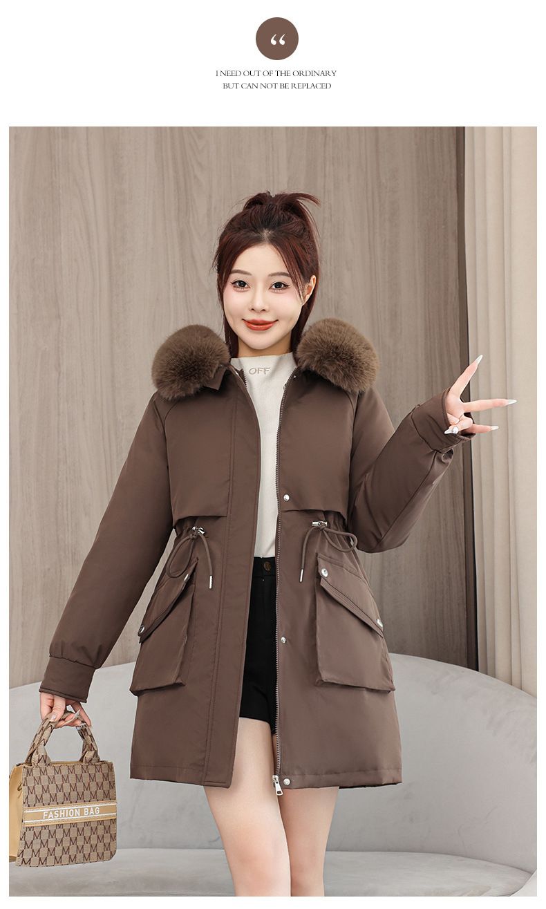 Women's Parka Coat With Detachable Faux Fur Hood, Mid-Length Winter Jacket For Ladies, Warm Quilted Polyester Outerwear With Rabbit Fur Trim_voghion.com