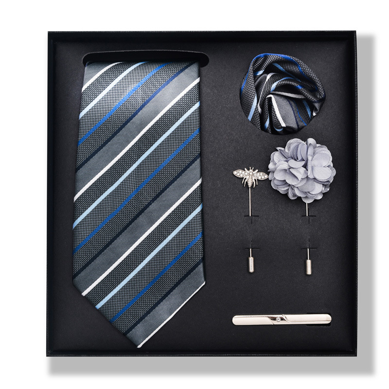 Set da uomo alla moda in tinta unita a righe con anacardi, confezione regalo da 6 pezzi, set con corsetto con fermacravatta e sciarpa quadrata_voghion.com