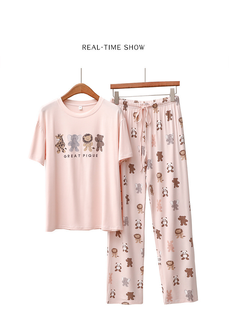 Vêtements pour femmes Printemps et été Modal Pyjamas Femmes Dessin animé Animal Manches Courtes Pantalon Mince Lâche Doux Confortable Ensemble de vêtements pour la Maison_voghion.com