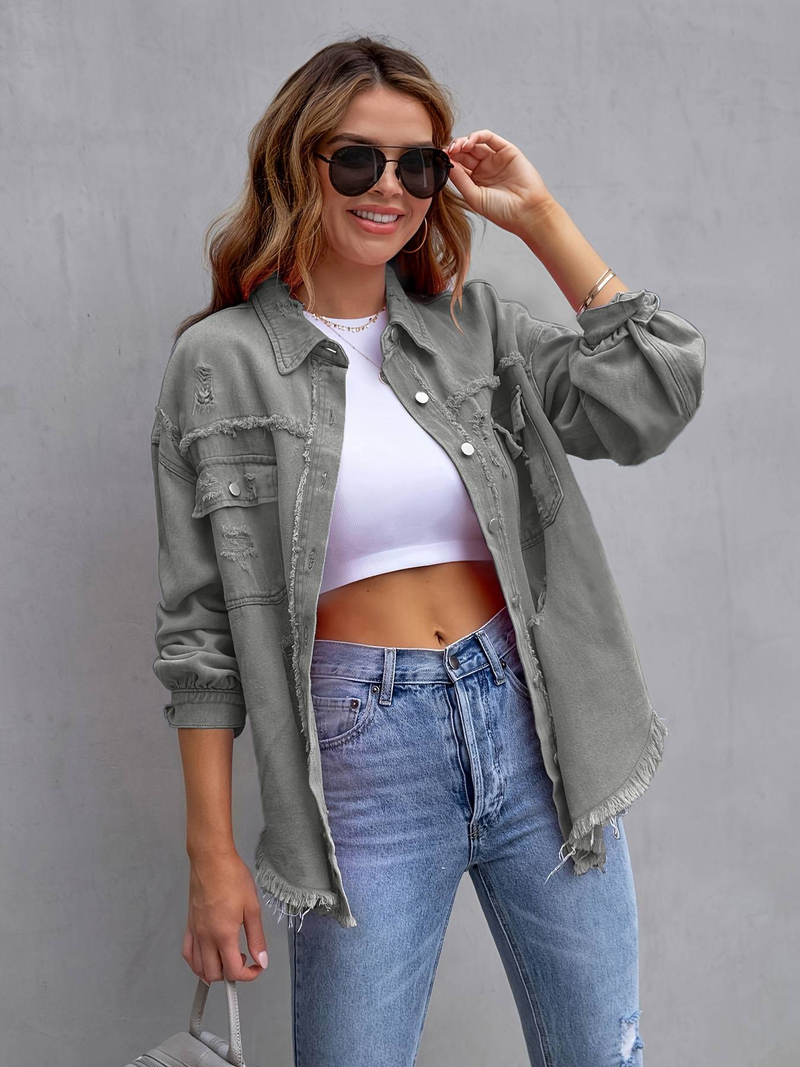 Neue n-stil feste farbe lange ärmeln jeans jacke löcher Europa und die Vereinigten Staaten wind, jacke frau_voghion.com