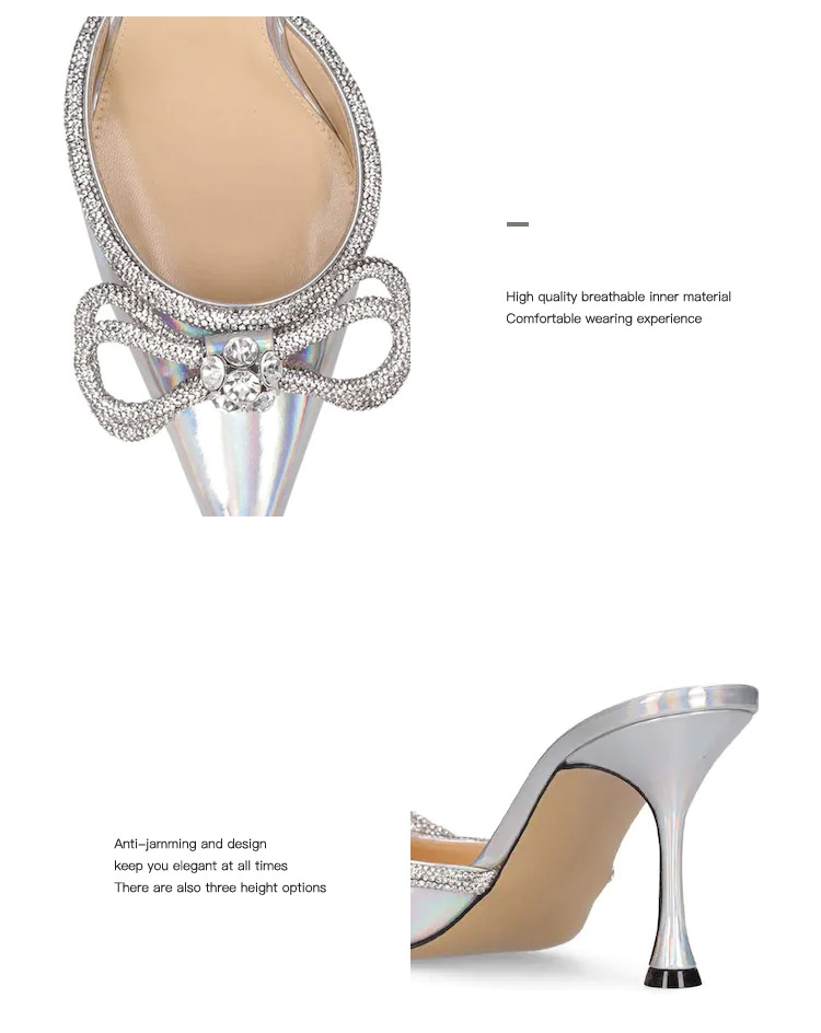 Women’s Shoes One step laser bow rhinestone high heeled slippers with stiletto heels, pointed toe half slippers_voghion.com