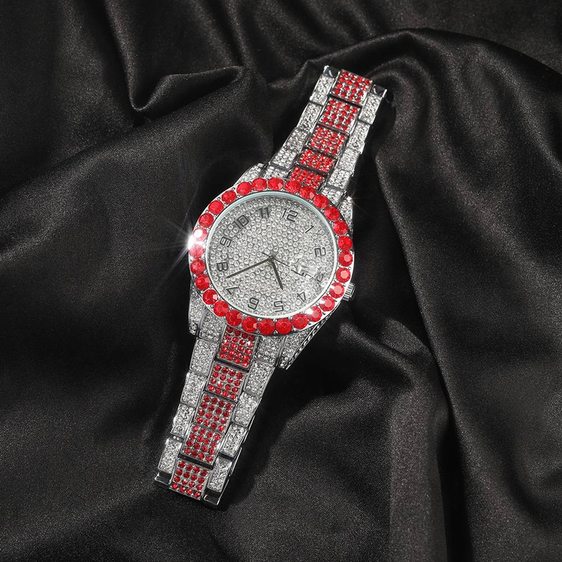 Diamond Studded Red Fashion Watch Round Large Dial Quartz Watch_voghion.com