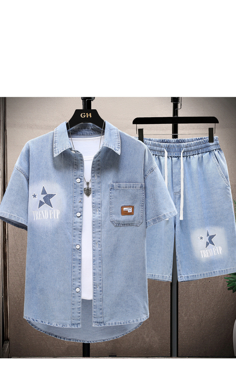 Herenkleding Zomer Korte Mouwen Heren Casual Pak Trendy Denim Overhemd Dunne Tieners Losse Knappe Shorts Tweedelig Pak_voghion.com