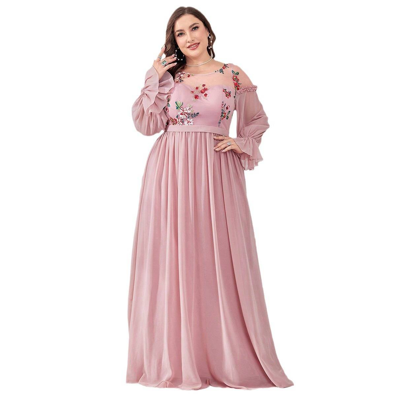 Elegant Pink Maxi Dress With U-Neck & Long Sleeves For Women – Plus Size Formal Evening Gown, Summer Flowy Dress For Special Occasions_voghion.com