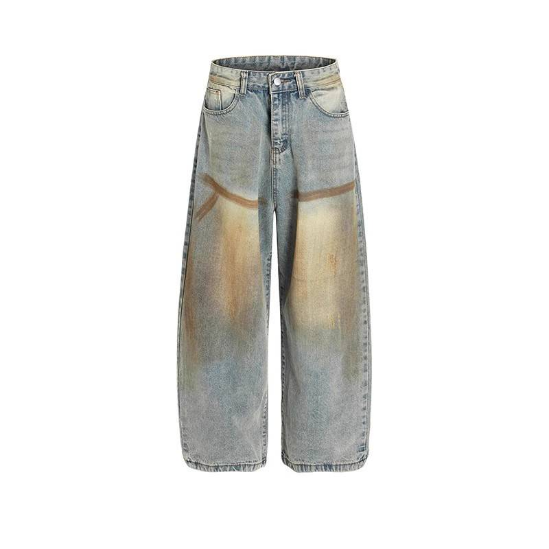 Vintage American Style Distressed Baggy Jeans For Men & Women – Loose Fit Straight Leg Denim Pants With Mud Wash & Retro Stitching_voghion.com