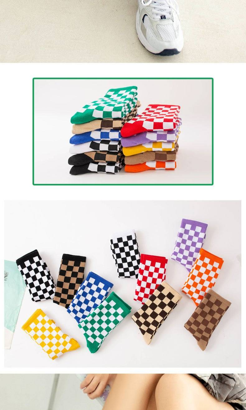 6 Pairs--Checkerboard Men's And Women's Fashion Street Brand Mid Tube Academy Style Cotton Skateboarding Socks_voghion.com