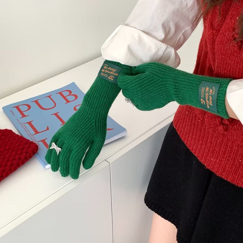 Guanti in lana lavorati a maglia con fiocco per studentesse, graziosi colori a tinta unita, caldi per andare in bicicletta in autunno e inverno, senza dita, touch screen_voghion.com