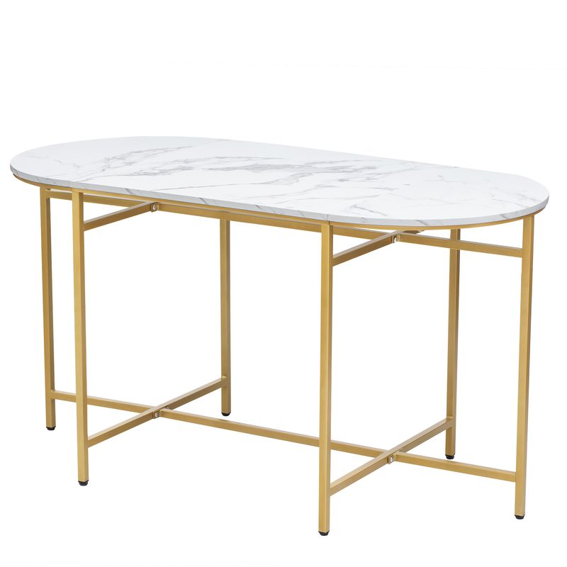 Conjunto de comedor de cocina moderno en blanco y dorado con estructura de acero, mesa de centro de 140 x 70 x 76 cm, 4 taburetes pequeños y 2 grandes, capacidad de carga: 120 kg._voghion.com