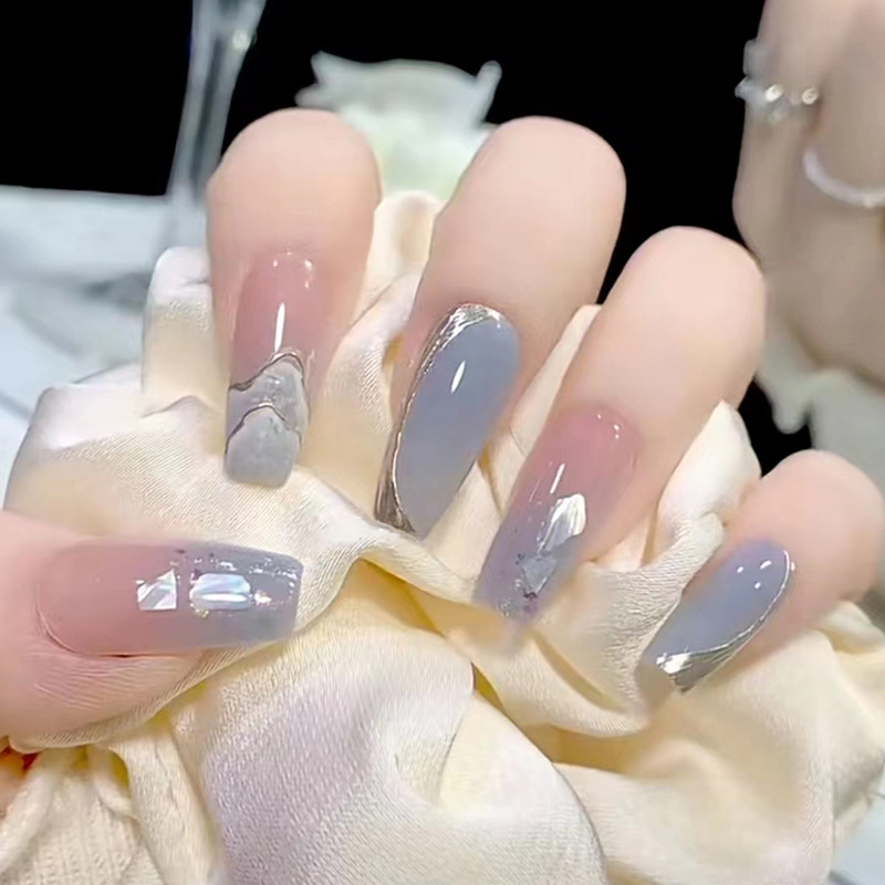 Abnehmbare lange 24-teilige künstliche Nägel mit Farbverlauf, blaues Design, Ballerina-Kunstnägel, tragbar, zum Aufdrücken auf die Nägel, vollständige Abdeckung_voghion.com