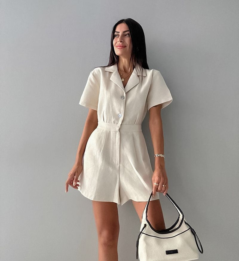 Khaki Linen Waist-cinching Wide-leg Jumpsuit For Women, Commuting Professional Short-sleeve Jumpsuit, Autumn Women's_voghion.com
