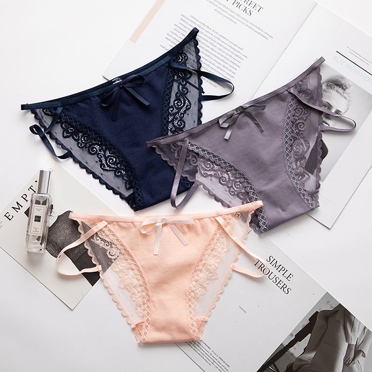 Roupa íntima Calcinha de renda de cor sólida Calcinha sexy Calcinha de renda de cintura baixa para mulheres_voghion.com