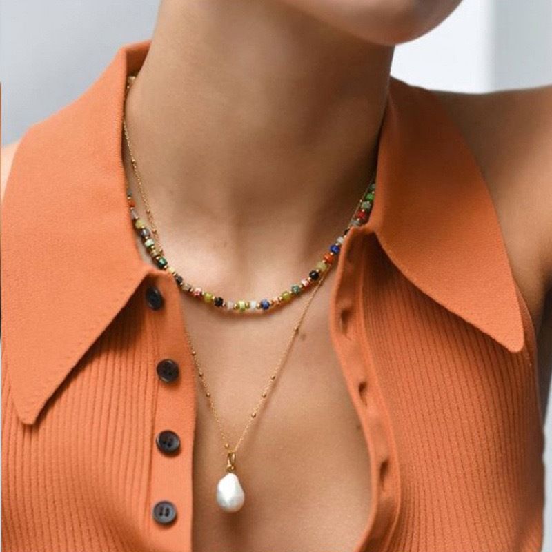 Collier en pierre naturelle pour femme, chaîne de clavicule, collier empilable multicolore en perles faites à la main_voghion.com