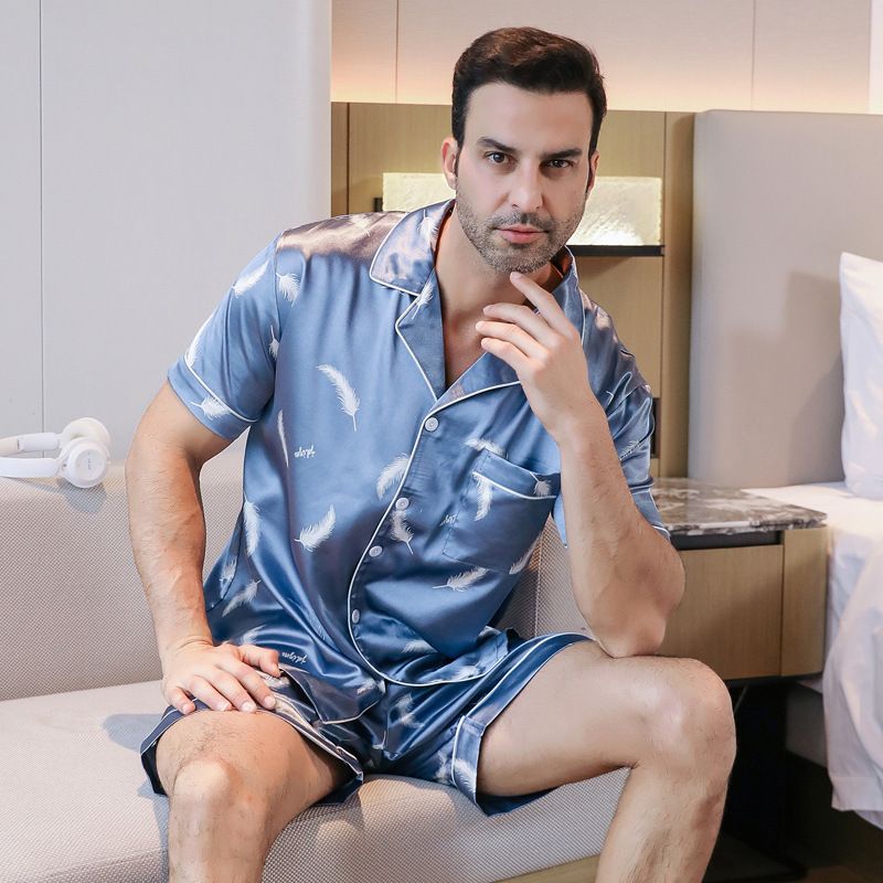 Şık Yaz Uykusu: Erkekler İçin İnce Buz İpeği Pijama - Kısa Kollu, Şort, Büyük Bedenler İçin Harika_voghion.com