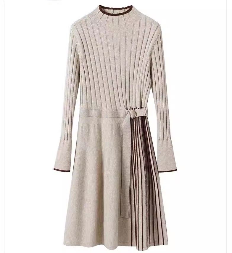 Wollstrickkleid zum Überziehen mit Mantel, mittellanger Damenpullover im neuen Herbst-Winter-Stil zum Binden und Abnehmen_voghion.com