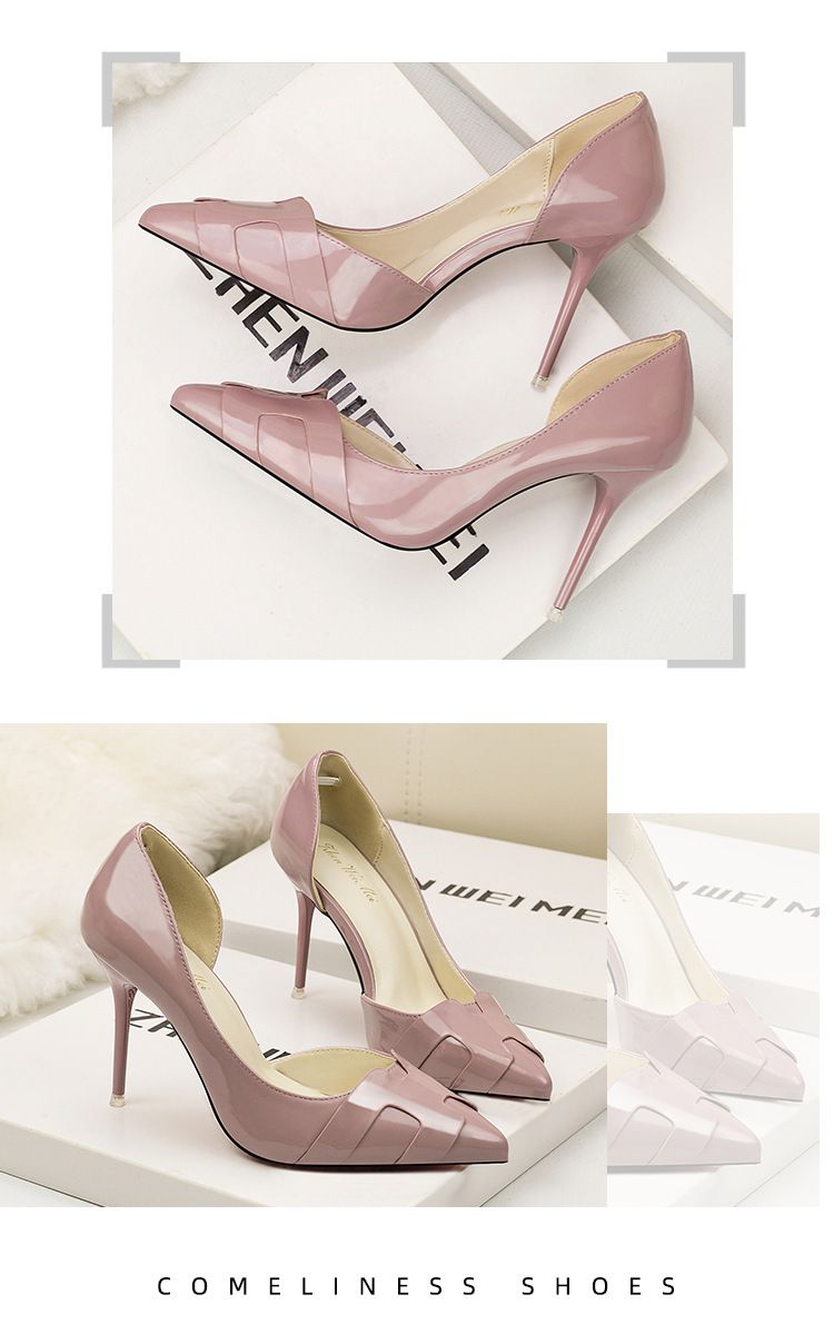 6090-1 Korean version slimming women's shoes with thin high heels, side hollowed out pointed solid color patent leather,_voghion.com