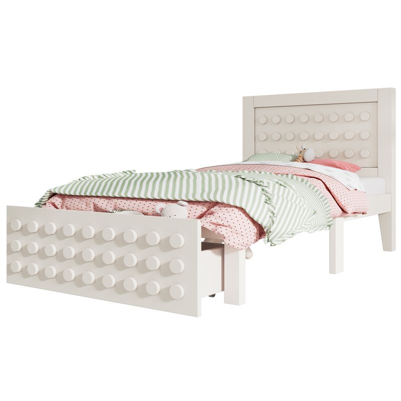 Holzbett 90x190cm Mit Blockdesign, Massivholz, Schubladen, Stauraum, Blanc_voghion.com