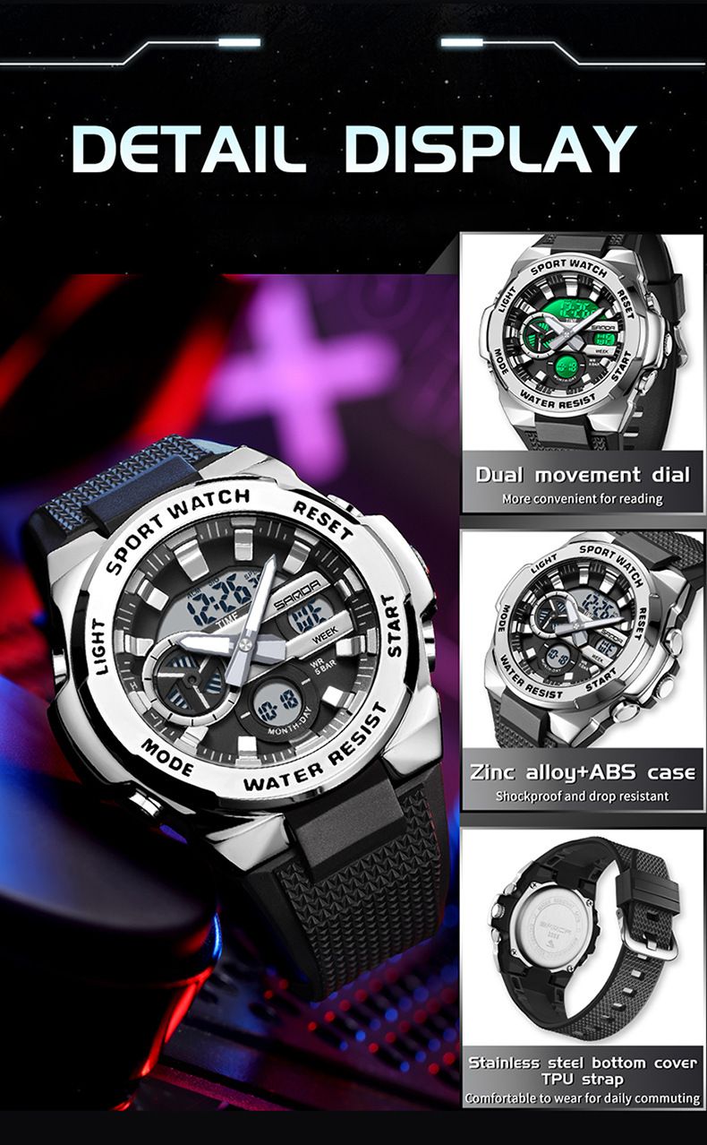 Sport Digital Watch With Alarm, Waterproof 50m, Analog-Digital Display, LED Backlight, Multifunctional Military Style Watch For Students_voghion.com