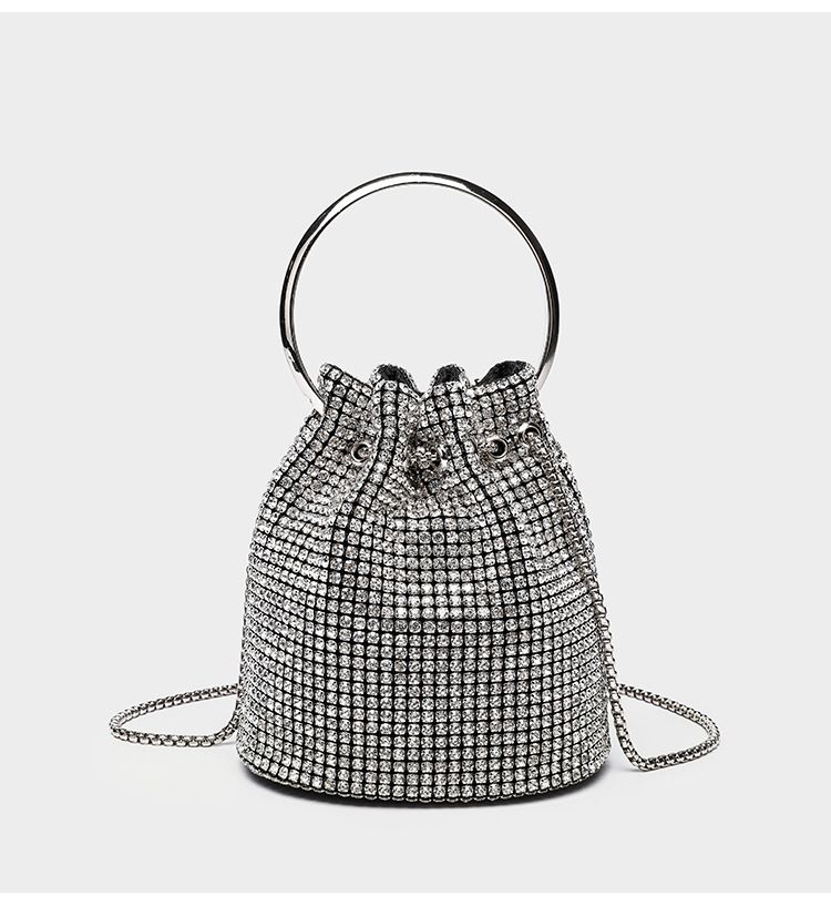 Borsa a secchiello da donna, borsa a secchiello con diamanti, borsa a tracolla obliqua da donna con frange di diamanti e catena termoretraibile_voghion.com