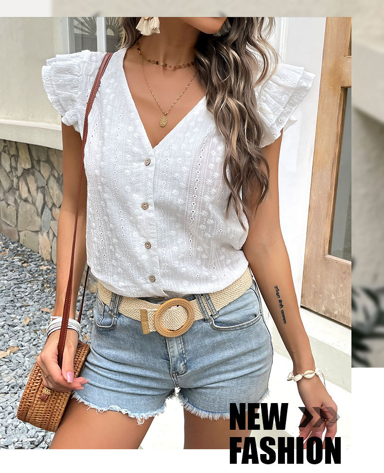 Camisa casual de algodón con cuello en V blanca_voghion.com