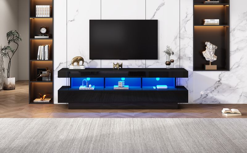 Meuble TV noir brillant 160 x 38 x 50,5 cm avec 3 étagères en verre, éclairage LED, contrôle par application et connectivité Bluetooth pour téléviseur 70 pouces._voghion.com