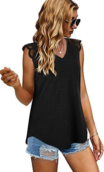 Women's summer ladies stitching flying sleeves eyelash lace top loose vest T-shirt_voghion.com