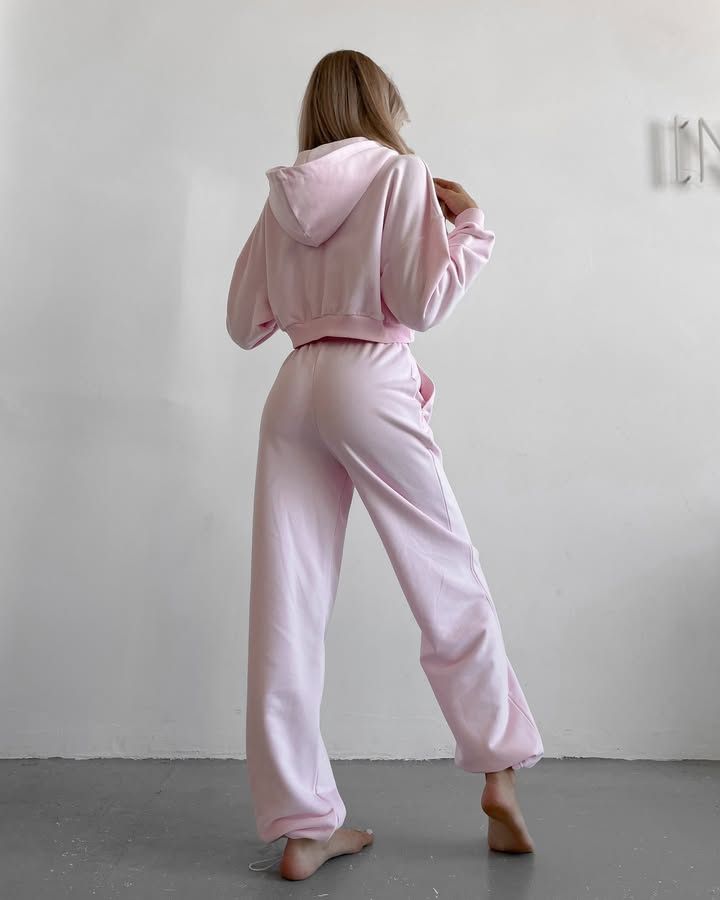 Women's Hooded Zip-Up Sweatshirt & Jogger Set (Breathable Poly-Cotton, Pink/Stone Grey/White, S/M/L/XL, Streetwear Essentials)_voghion.com