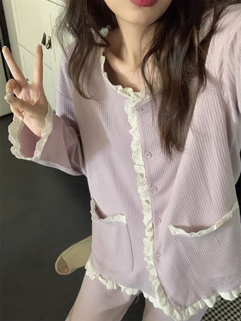 New Korean Version Of Purple Waffle Pajamas Women's Autumn And Winter Long-sleeved Trousers Loungewear Set_voghion.com