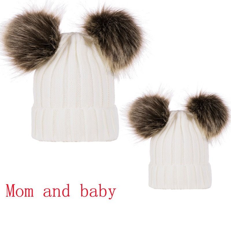 Autumn Winter Women's Parent-Child Knitted Wool Double Pom-Pom Pullover Hat_voghion.com
