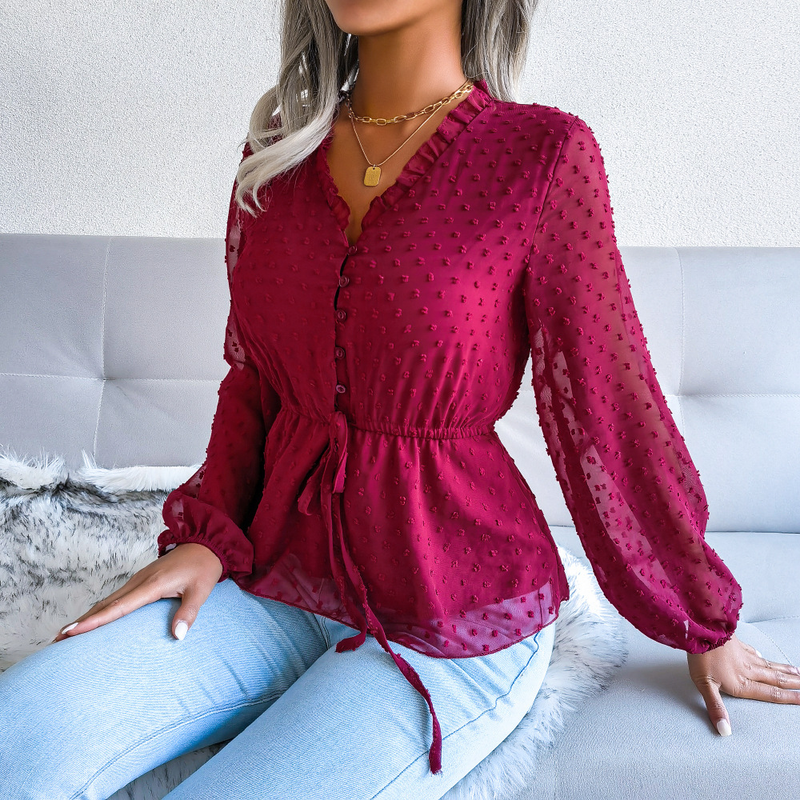 2024 Spring Summer Lantern Long Sleeve Ruffle Tie Waist Polka Dot Chiffon Blouse Women's Fashion_voghion.com