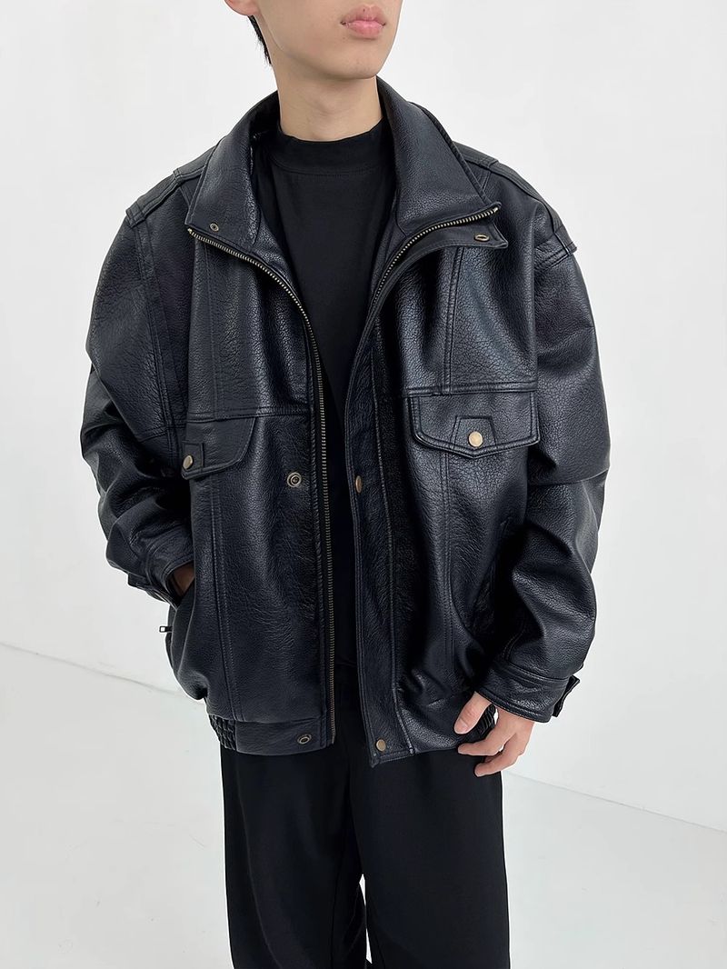 Herren Vintage Bikerjacke - Retro Bomberjacke aus PU-Leder mit geripptem Saum und Reißverschluss (Schwarz, M-3XL)_voghion.com