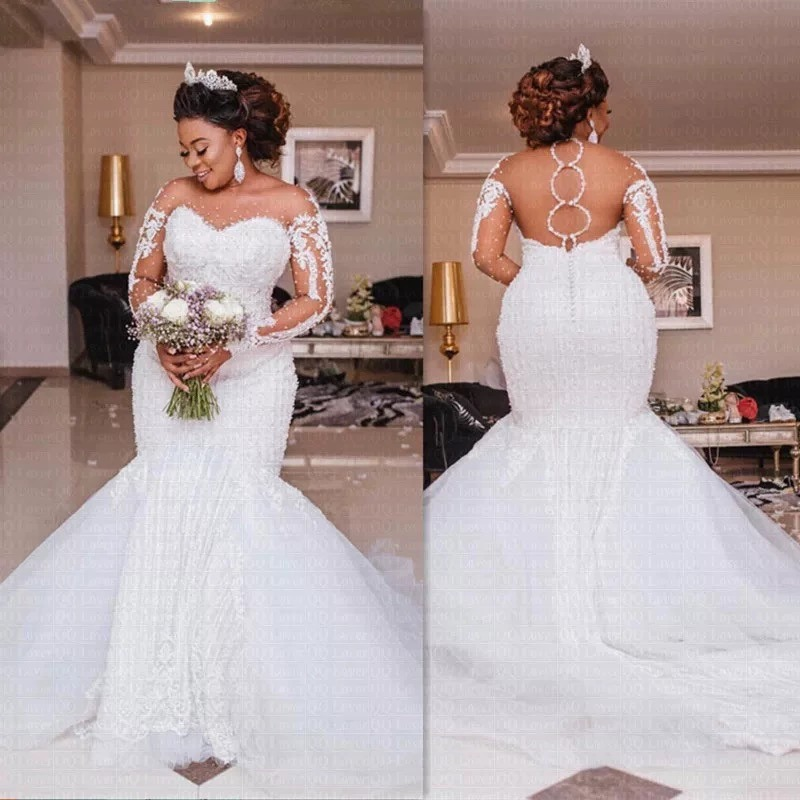 Hochzeitskleid, Hochzeitskleid, Braut, Hochzeit, Spitze, Fischschwanz, Langarm, Hochzeitskleid, Frühlingsstil_voghion.com