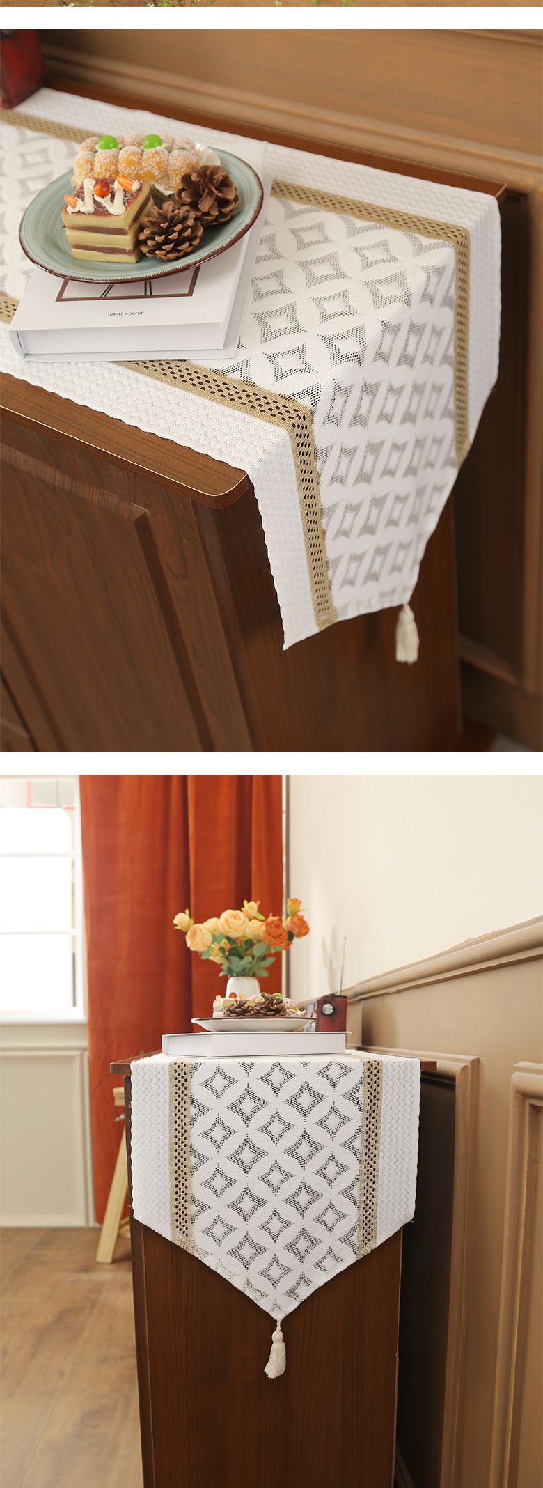 Elegant Lace Table Runner - Vintage Farmhouse Cover For Sideboard TV Stand & Coffee Table (150x40cm Boho Chic Decor Handmade Crochet Washable Cotton)_voghion.com