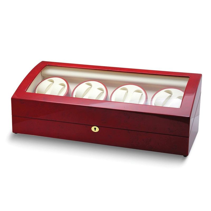 Rotations High Gloss Red Burlwood Finish With Acrylic Window Leather Lined Locking Wooden 8-Watch Winder With 9-Watch Storage Area (AC Powered)_voghion.com