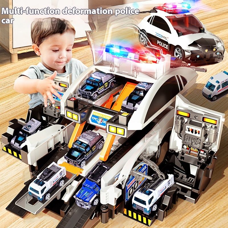 Neue Aufbewahrungsszene für Kinder, Feuerwehr, Polizei, Verformung, Auswurfschiene, Parkplatz, Ton und Licht, Puzzle, Modell, Spielzeugauto_voghion.com