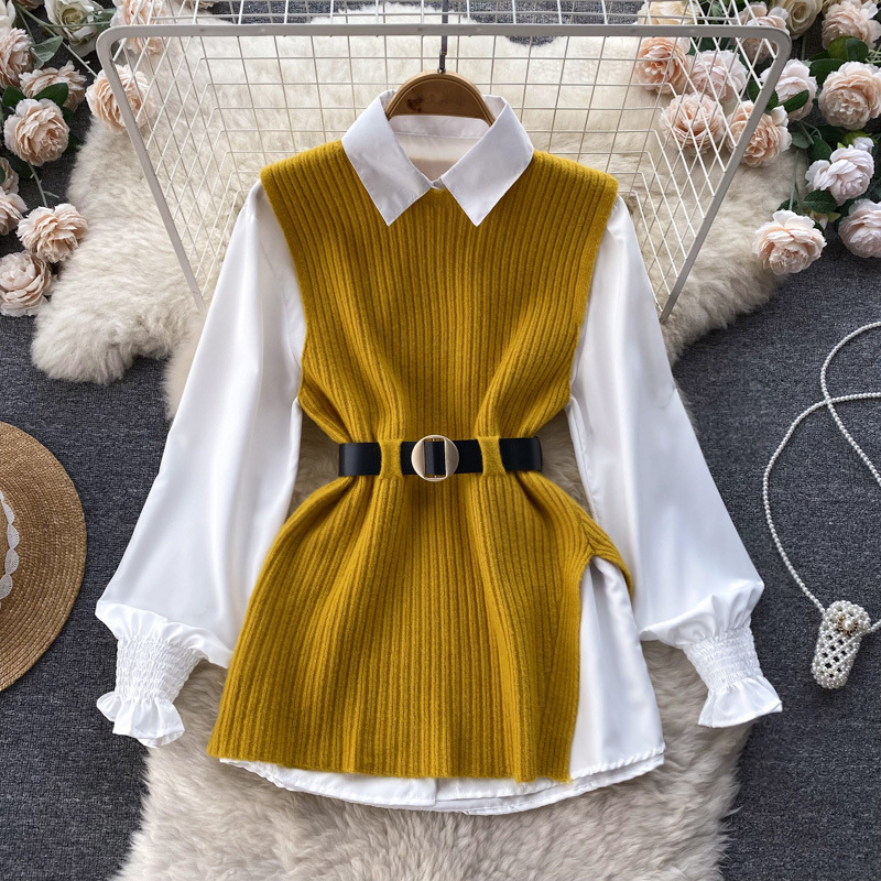 Set de două piese pentru femei, cămașă albă cu mâneci lungi și vestă din tricot despicat_voghion.com