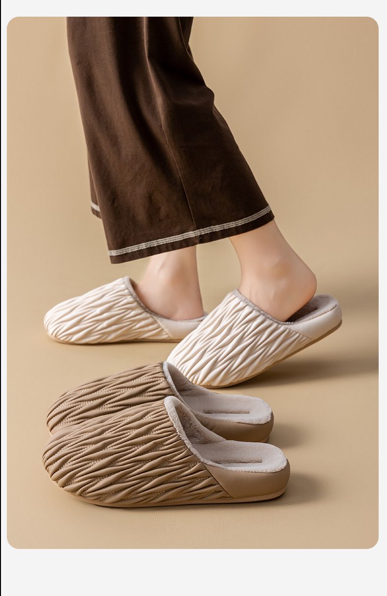 Wrinkled Cotton Slippers For Women, Autumn And Winter, Indoor Home, Anti Slip, Waterproof, Warm, Home With Velvet Leather Slippers For Men_voghion.com