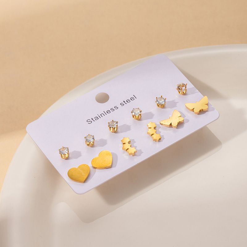 1 Set Simple Style Geometric Heart Shape Butterfly Irregular Plating Titanium Steel Zircon Ear Studs_voghion.com