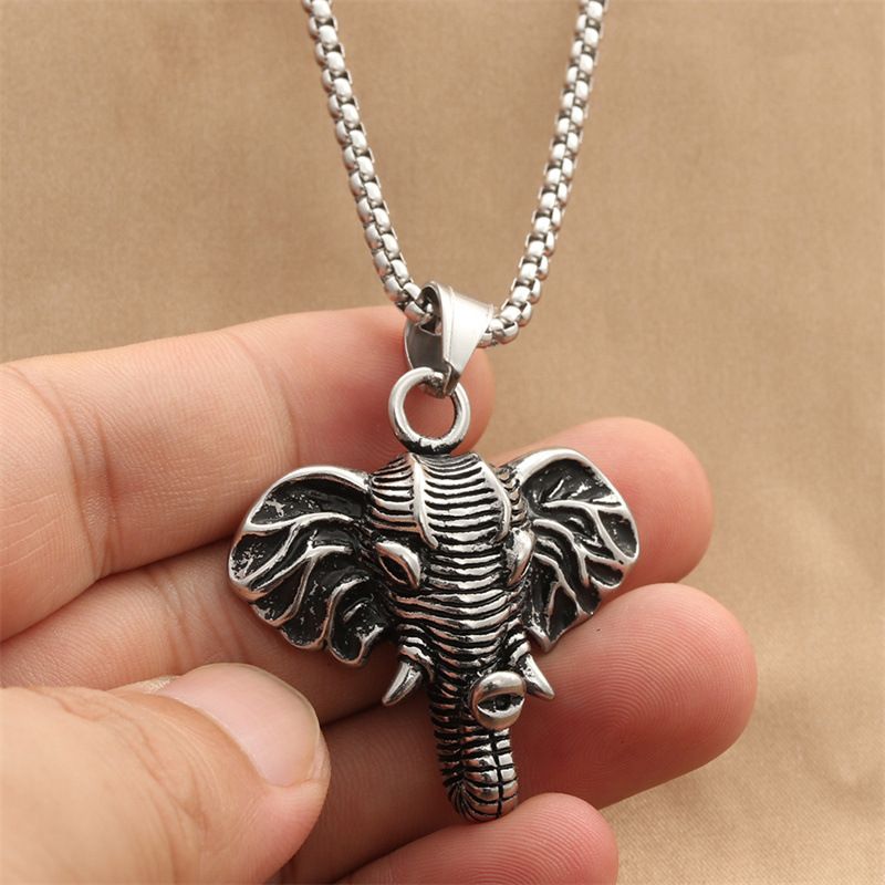 Mens Boys Animal Elephant Head Pendant Necklace Stainless Steel For Men Punk Retro Vintage Cool Father's Day Dad Gift_voghion.com