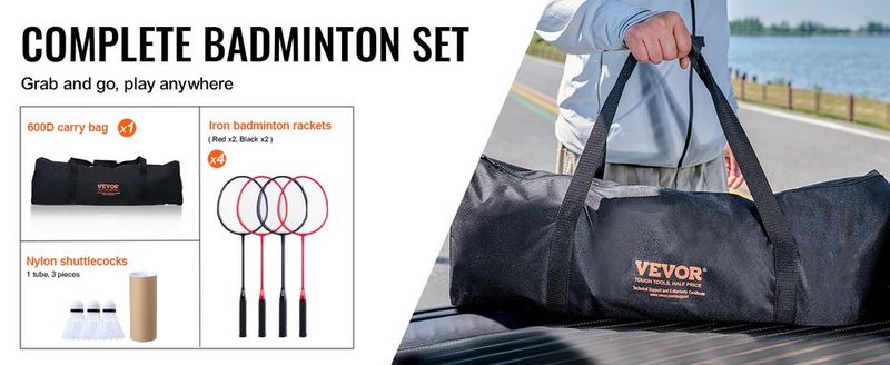 VEVOR Badminton Net Set, Outdoor Backyard Beach Park Badminton Net, Portable Badminton Equipment Set, Adults Kids Badminton Net With Poles, Carrying Bag, 4 Iron Rackets, And 3 Nylon Shuttlecocks_voghion.com