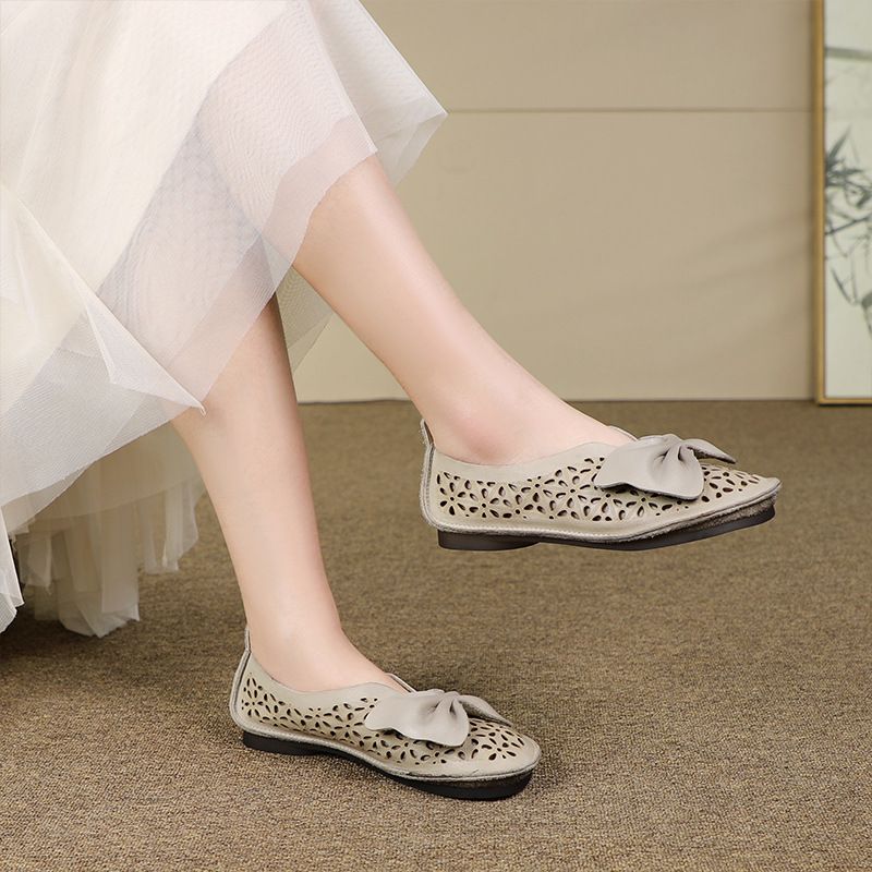 Huizu Mei New Genuine Leather Single With Bowknot Hollow Design Soft Sole Low Heel Flat Slip-On Mom Shoes_voghion.com