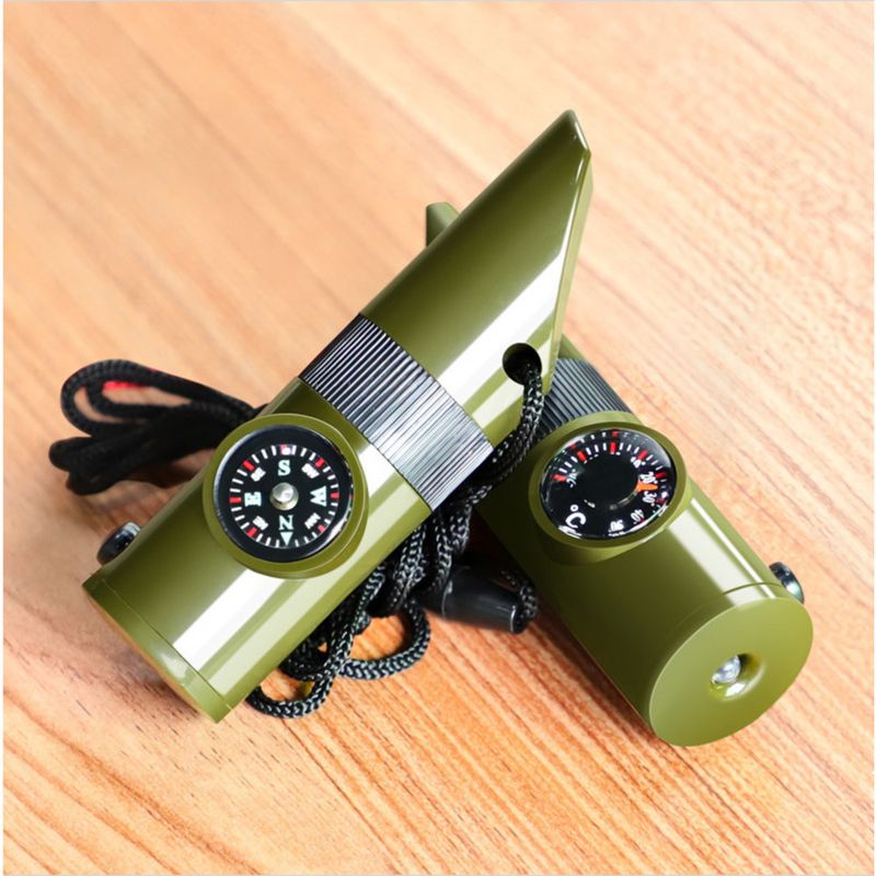 Outdoor Survival Gear 7-in-1 Whistle Multi-Function Portable Emergency Compass Magnifying Glass Flashlight Thermometer_voghion.com