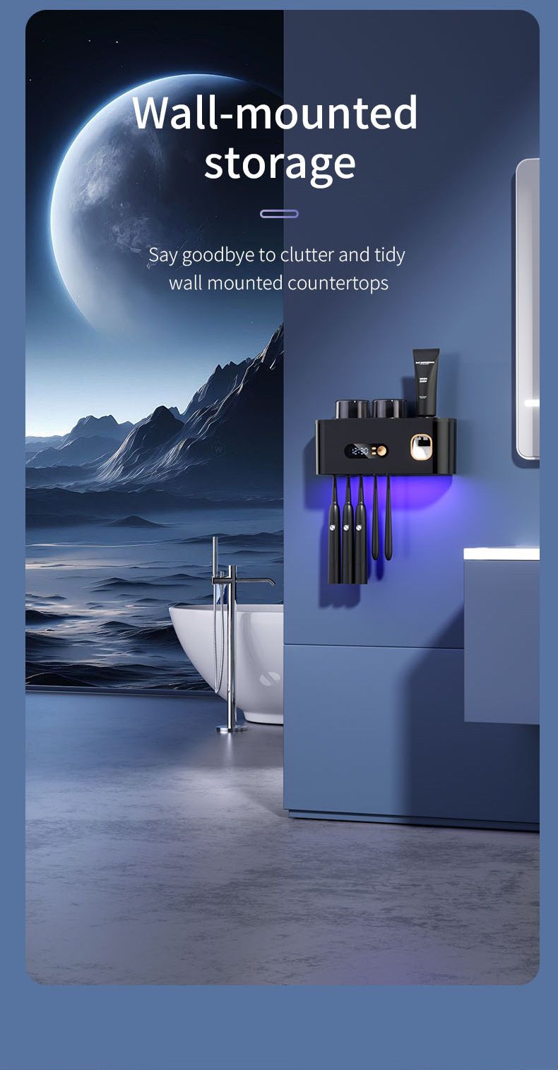 UV Smart Toothbrush Holder Sterilizer Electric Drying Storage Rack Wall-Mounted No Drilling Required_voghion.com